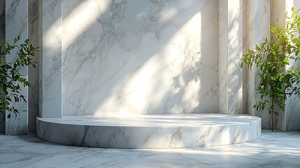 Marble podium, sunlight, plants, minimalist interior, product display