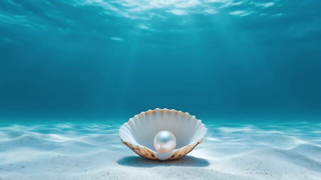 Tranquil Blue Ocean Shimmering Pearl Nestled in Seashell Underwater, Surrounded by Marine Beauty and Natures Serenity