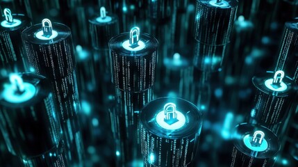 An abstract representation of a blockchain network with interconnected nodes illustrating data flow and identity verification. Each node is adorned with glowing digital locks representing