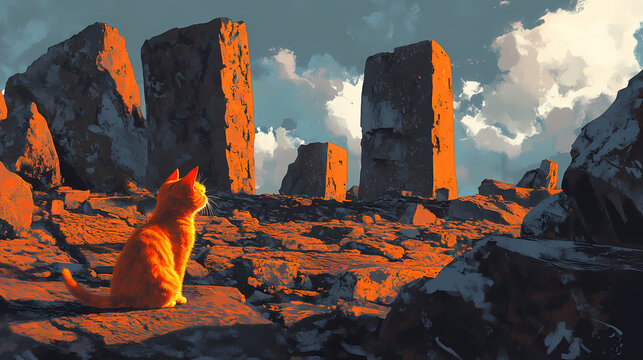 A stray cat roaming ancient megalithic sites, curious eyes reflecting centuries of history. Lava-Covered Megaliths. Illustration