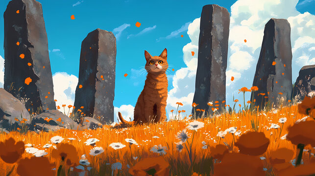 A stray cat roaming ancient megalithic sites, curious eyes reflecting centuries of history. Lava-Covered Megaliths. Illustration