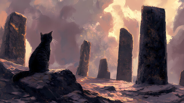 A stray cat roaming ancient megalithic sites, curious eyes reflecting centuries of history. Lava-Covered Megaliths. Illustration