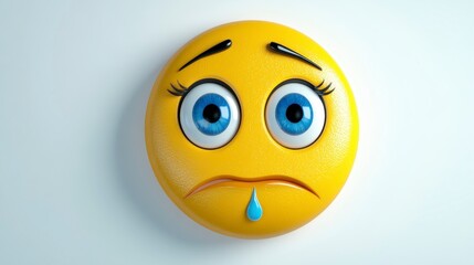 Fototapeta premium Sad face emoji with big blue eyes and tear on a white background