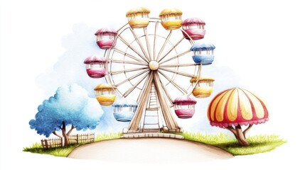Colorful Ferris Wheel with Trees and Sky in Whimsical Style
