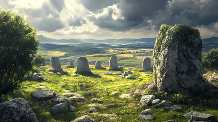 Naklejka premium Above the southeastern turkish landscape, ancient megalithic structures rise from the earth, a testament to the. Lava-Covered Megaliths. Illustration