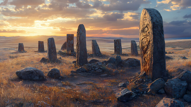 Above the southeastern turkish landscape, ancient megalithic structures rise from the earth, a testament to the. Lava-Covered Megaliths. Illustration
