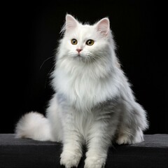 Naklejka premium Fluffy young white british longhair cat on a black background