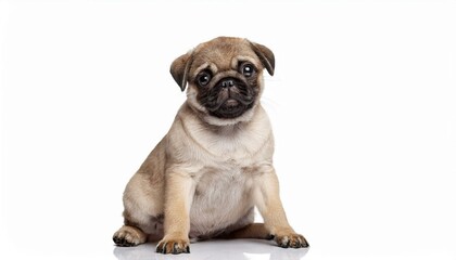 Funny pug puppy sitting in the studio on a pink background.