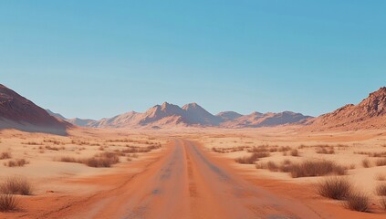 Naklejka premium A long, empty road cuts through a vast, sandy desert landscape under a clear blue sky, with mountains in the distance.