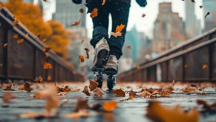 Person rollerblading on autumn leaves-covered bridge in city.