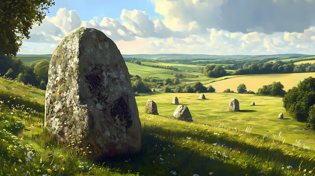 Avebury's majestic cove stone: a neolithic wiltshire henge, a breathtaking prehistoric megalithic landscape. Lava-Covered Megaliths. Illustration