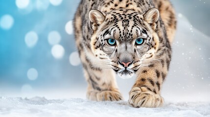 Fototapeta premium Majestic Snow Leopard Walking Through Snowy Landscape With Blue Eyes