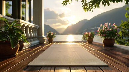 A tranquil scene featuring a yoga mat on a wooden deck overlooking a serene lake at sunset. Sunrise Stretch ,Mindful Moments