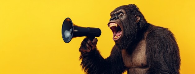 A person in a Bigfoot costume is shown yelling into a megaphone, with the image set against a bright yellow background to create a striking and humorous visual.