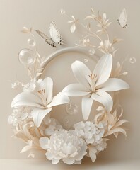 Elegant white lilies, hydrangeas, and butterflies arranged in a circular frame with bubbles, on a beige background.