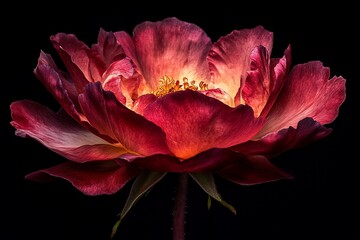 Close-up of a single, dark red rose with orange center, illuminated against a black background.