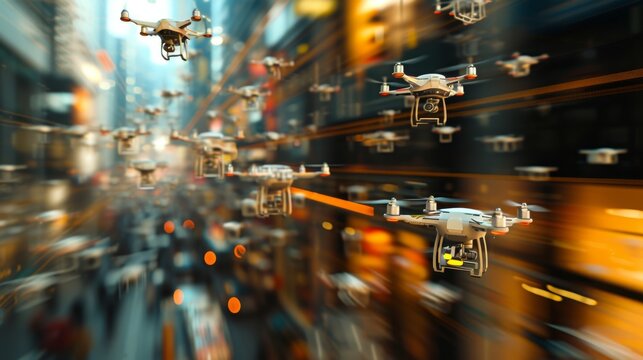 A vibrant scene of countless delivery drones flying through a futuristic cityscape, depicting innovation, technology, and urban logistics. AI generated.