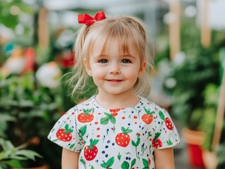 Adorable little girl with blonde pigtails wearing a floral dress, smiling brightly outdoors in a garden with a soft focus background of colorful flowers