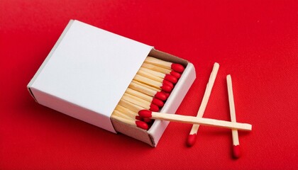 Red matchbox and red match sticks on a red background 