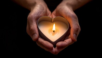 Hands holding a burning candle in dark like a heart 