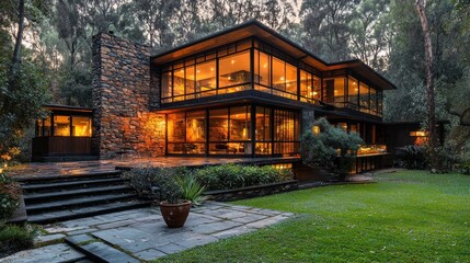 Fototapeta premium Modern Stone and Glass House Illuminated at Night