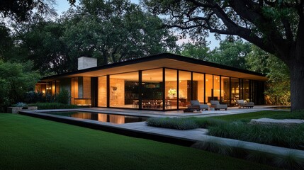 Modern Glass House Illuminated At Dusk With Pool