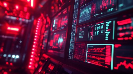 Obraz premium Futuristic control panel with red digital displays showing graphs, data, and monitoring information in a dark room.