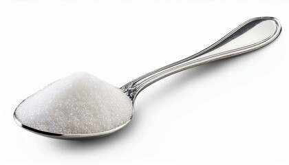 Granulated sugar in a silver spoon isolated on a white background with clipping path. Food ingredient concept with clean minimal composition, sweet seasoning detail and copy space.