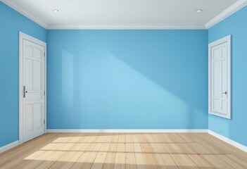 Obraz premium Serene Sky Blue Room with Wooden Floor and Sunlight Accents for Background