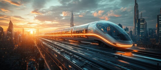 Futuristic train speeding through a modern city at sunset.