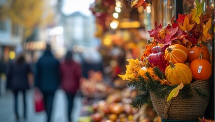 Autumnal market display with pumpkins, leaves, and gourds in a woven basket, blurred city street background.