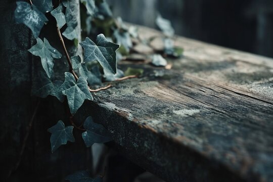 Ivy plant growing on weathered wooden surface.