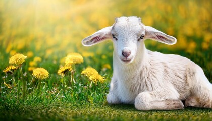 Obraz premium Cute sitting baby goat sheep background banner panorama spring easter. Eid mubarak