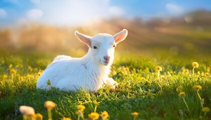 Obraz premium Cute sitting baby goat sheep background banner panorama spring easter. Eid mubarak