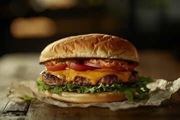 Juicy cheeseburger with lettuce, tomato, onion, and melted cheese on a bun, served on rustic wood.