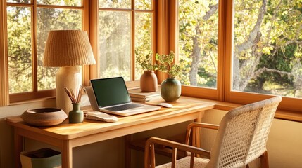 Fototapeta premium Sunlit workspace with natural wood desk, warm-toned pottery, and sage green accents