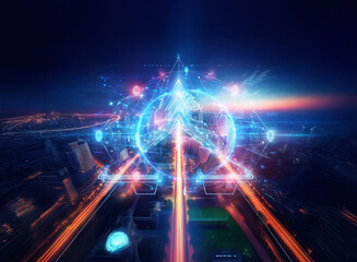 Obraz premium Futuristic cityscape at night, illuminated with vibrant blue and orange glowing lines. A central circular element and dynamic light streams suggest a digital network connecting the urban landscape.