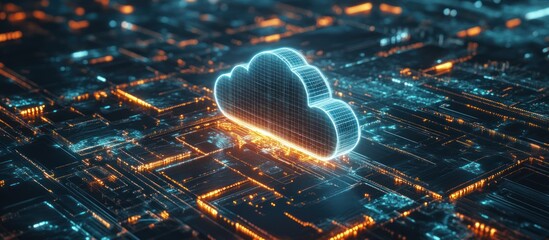 Glowing cloud computing symbol on a circuit board.