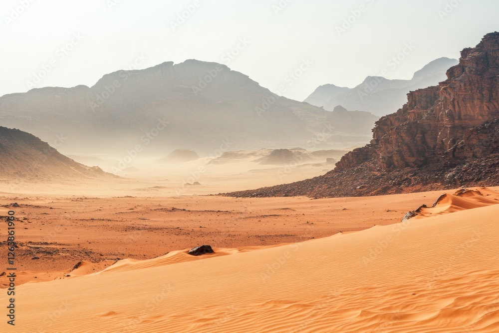 Poster vast desert landscape showcasing rolling sand dunes and distant mountains in soft light during golde