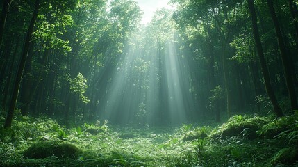 Obraz premium Serene forest scene with sunlight filtering through trees, illuminating lush greenery below