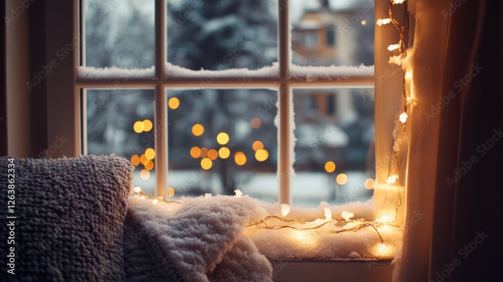 Poster Cozy winter evening with soft blankets and glowing lights by the window in a snowy landscape. Generative AI