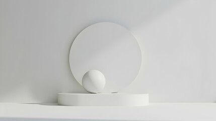 Minimalistic composition featuring a white circle and sphere on a clean surface with soft lighting