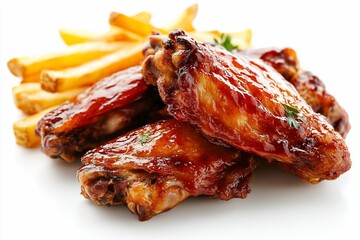 Delicious BBQ chicken wings served with crispy golden french fries.