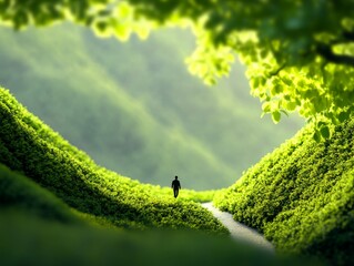 Green valley surrounded by towering mountains, with a lone figure walking along a winding path, symbolizing solitude, exploration, and connection to vast untouched nature