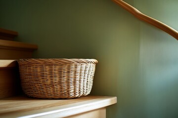 Wicker basket sits on wooden stair landing against a sage green wall.