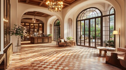 Obraz premium Warm terracotta tiles in an elegant entryway with wooden accents and soft lighting