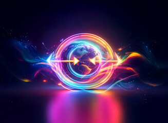 Obraz premium Vibrant glowing circle with arrows in the center, bursts with colorful light trails and sparkles on a dark backdrop. Abstract and dynamic design.