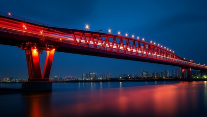 Obraz premium Night view of illuminated red bridge over calm river with city skyline in background.