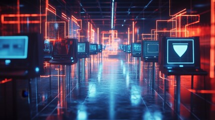 An artistic representation of interconnected voting devices within a network visualizing secure data exchange with glowing lines and digital shields symbolizing the robustness of encryption