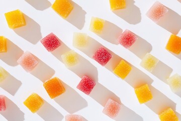 Colorful square-shaped jellies arranged on a white background with diagonal shadows.